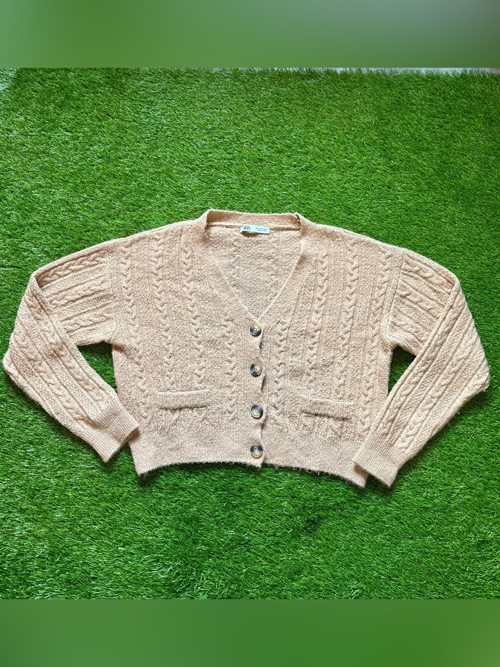 Zara Beige Cable Knit Cropped Button Cardigan Small